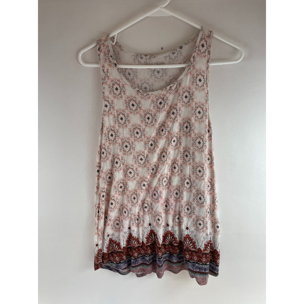 Mudd Tank Top Women's Size L White Floral Aztec Sleeveless Round Neck Curved Hem